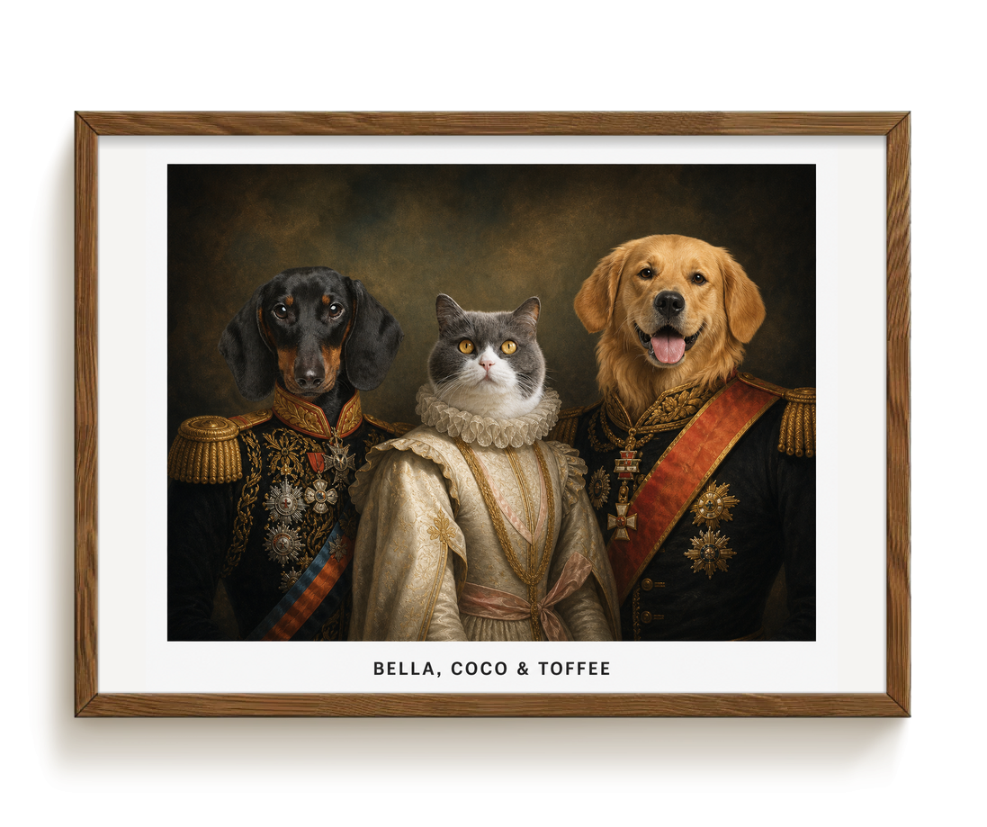 pdp-map:6ccd939e14cf804a:royal_portrait__the_decorated_lords_lady_custom_pet_portrait__bella-coco-toffee__with-border_show-name__Walnut_Horizontal.png
