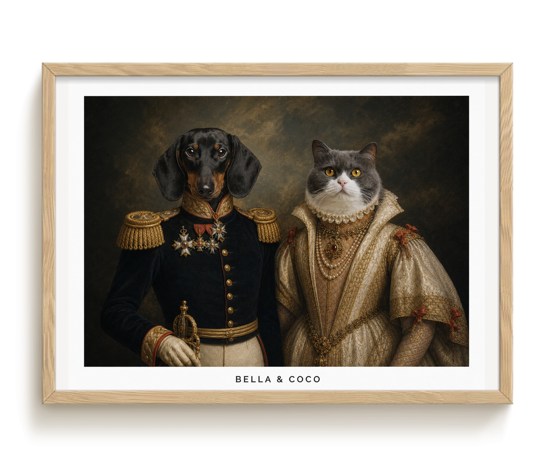 pdp-map:9726a4f79efa3985:royal_portrait__the_duke_duchess_custom_pet_portrait__bella-coco__with-border_show-name__Birch_Horizontal.png