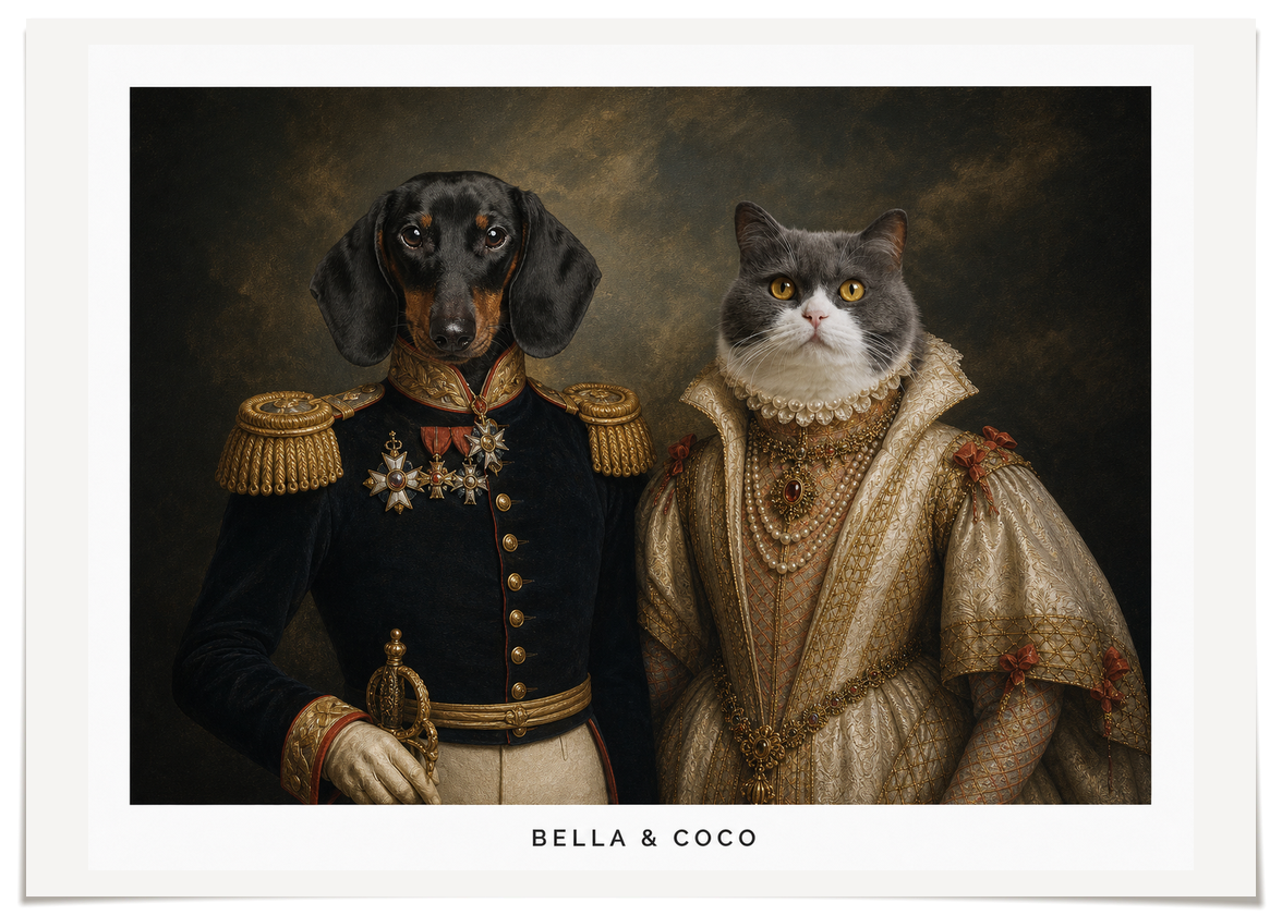 pdp-map:75bb85da47dbd63d:royal_portrait__the_duke_duchess_custom_pet_portrait__bella-coco__with-border_show-name__No_Frame_Horizontal.png