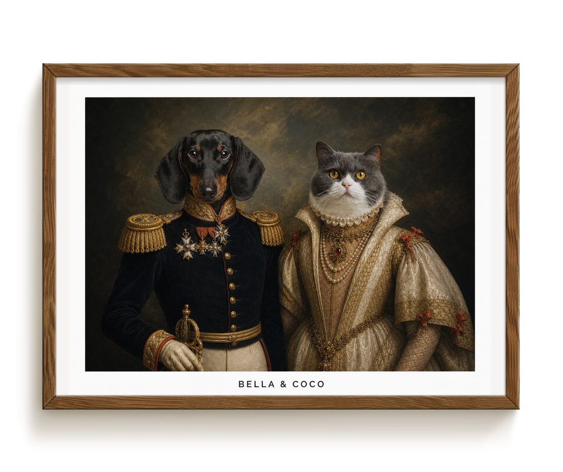 pdp-map:20329f73e75409b0:royal_portrait__the_duke_duchess_custom_pet_portrait__bella-coco__with-border_show-name__Walnut_Horizontal.png