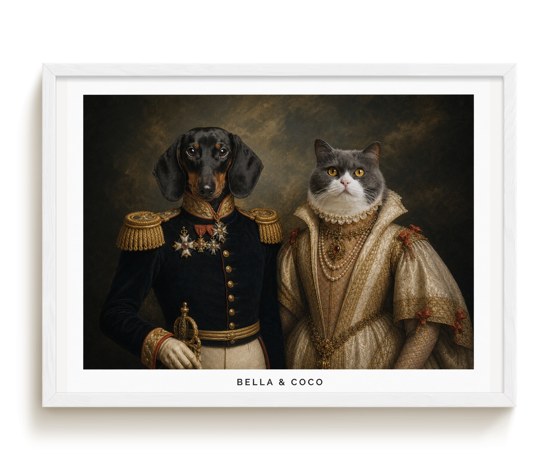 pdp-map:0909e95e4cdfdcec:royal_portrait__the_duke_duchess_custom_pet_portrait__bella-coco__with-border_show-name__White_Horizontal.png