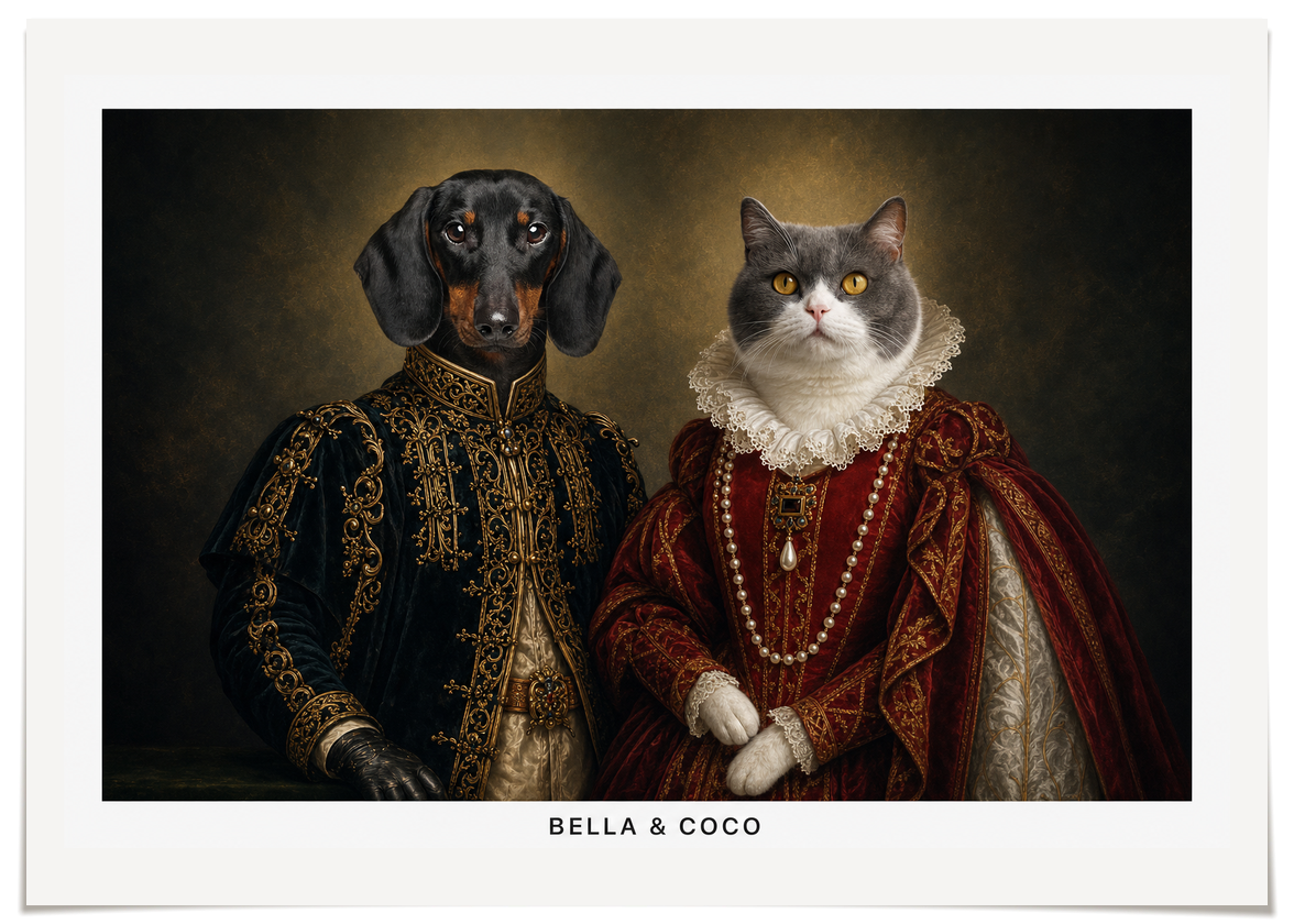 pdp-map:c6fea668f6669475:royal_portrait__the_majestic_duo_custom_pet_portrait__bella-coco__with-border_show-name__No_Frame_Horizontal.png