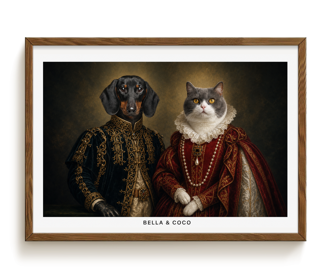 pdp-map:7c76e814408b3df8:royal_portrait__the_majestic_duo_custom_pet_portrait__bella-coco__with-border_show-name__Walnut_Horizontal.png
