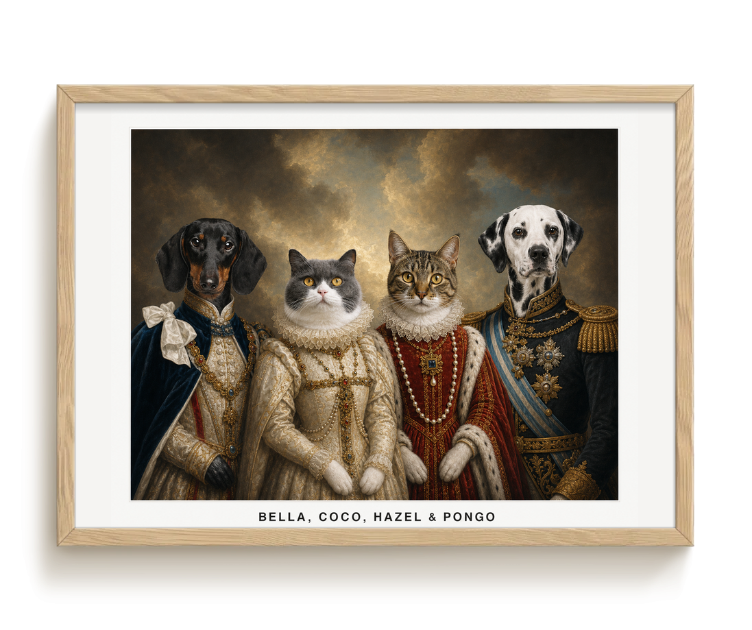 pdp-map:122d840672a13a56:royal_portrait__the_royal_court_custom_pet_portrait__bella-coco-hazel-pongo__with-border_show-name__Birch_Horizontal.png