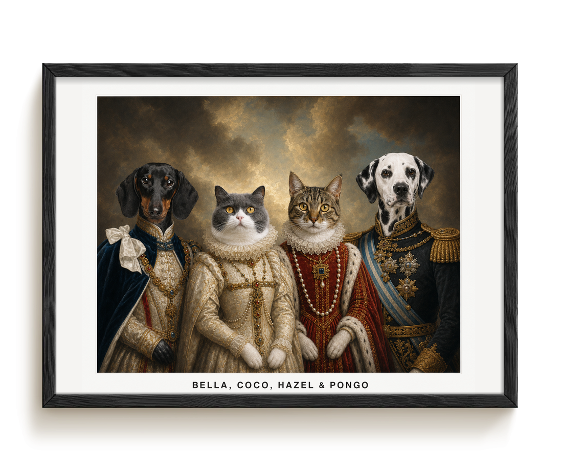 pdp-map:476b15721c4176f5:royal_portrait__the_royal_court_custom_pet_portrait__bella-coco-hazel-pongo__with-border_show-name__Black_Horizontal.png