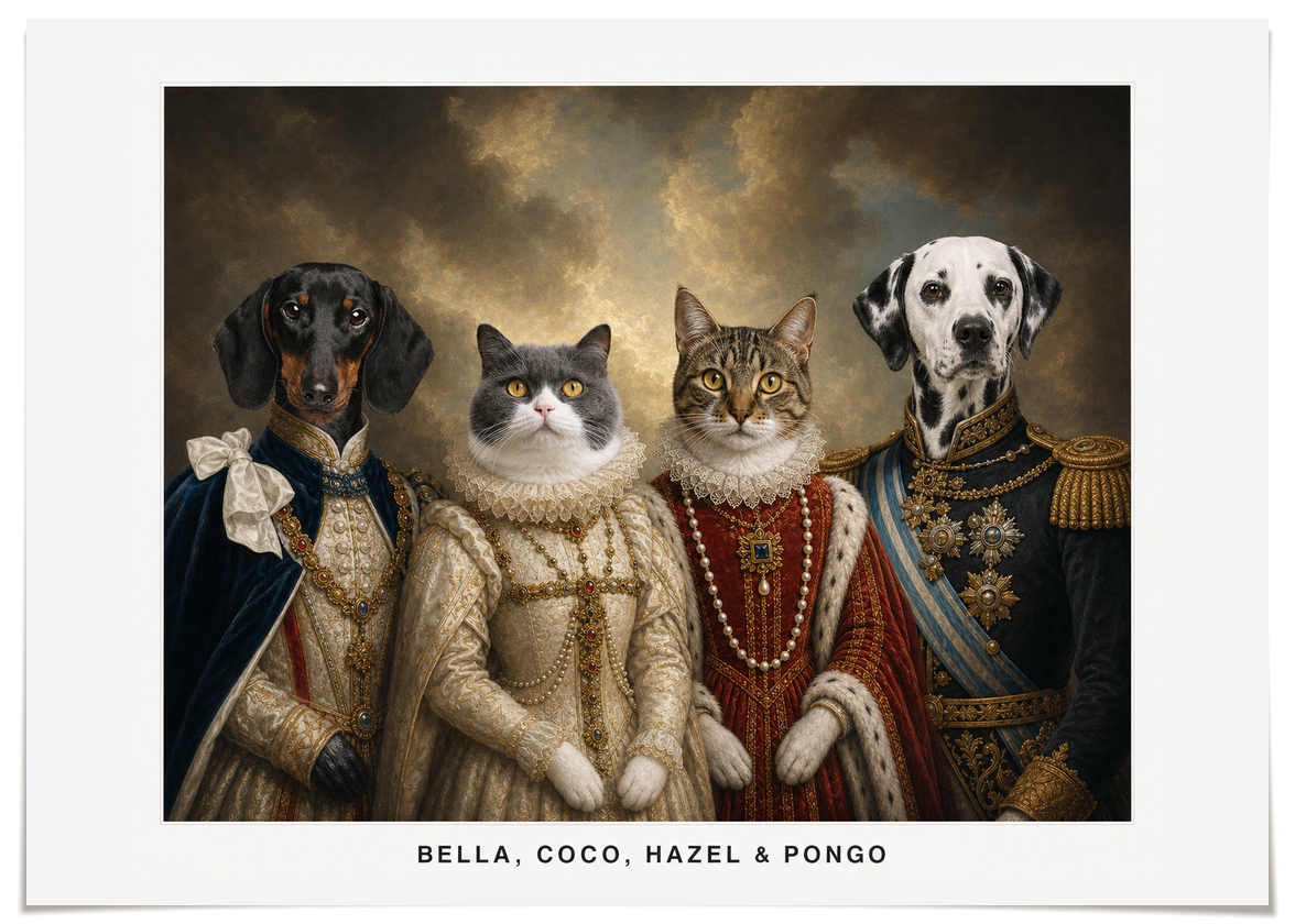pdp-map:3487cb01220f9ca2:royal_portrait__the_royal_court_custom_pet_portrait__bella-coco-hazel-pongo__with-border_show-name__No_Frame_Horizontal.png