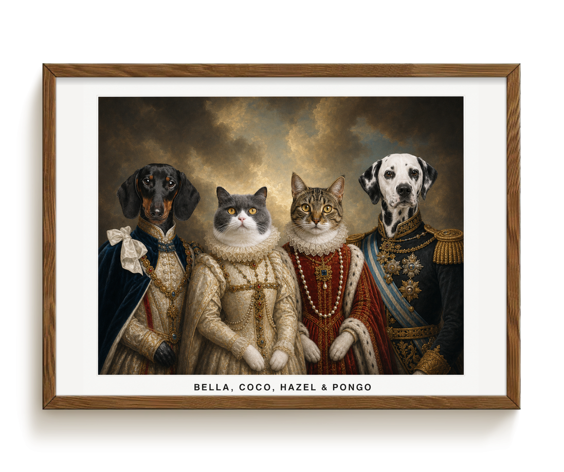 pdp-map:b9a400f57102669f:royal_portrait__the_royal_court_custom_pet_portrait__bella-coco-hazel-pongo__with-border_show-name__Walnut_Horizontal.png