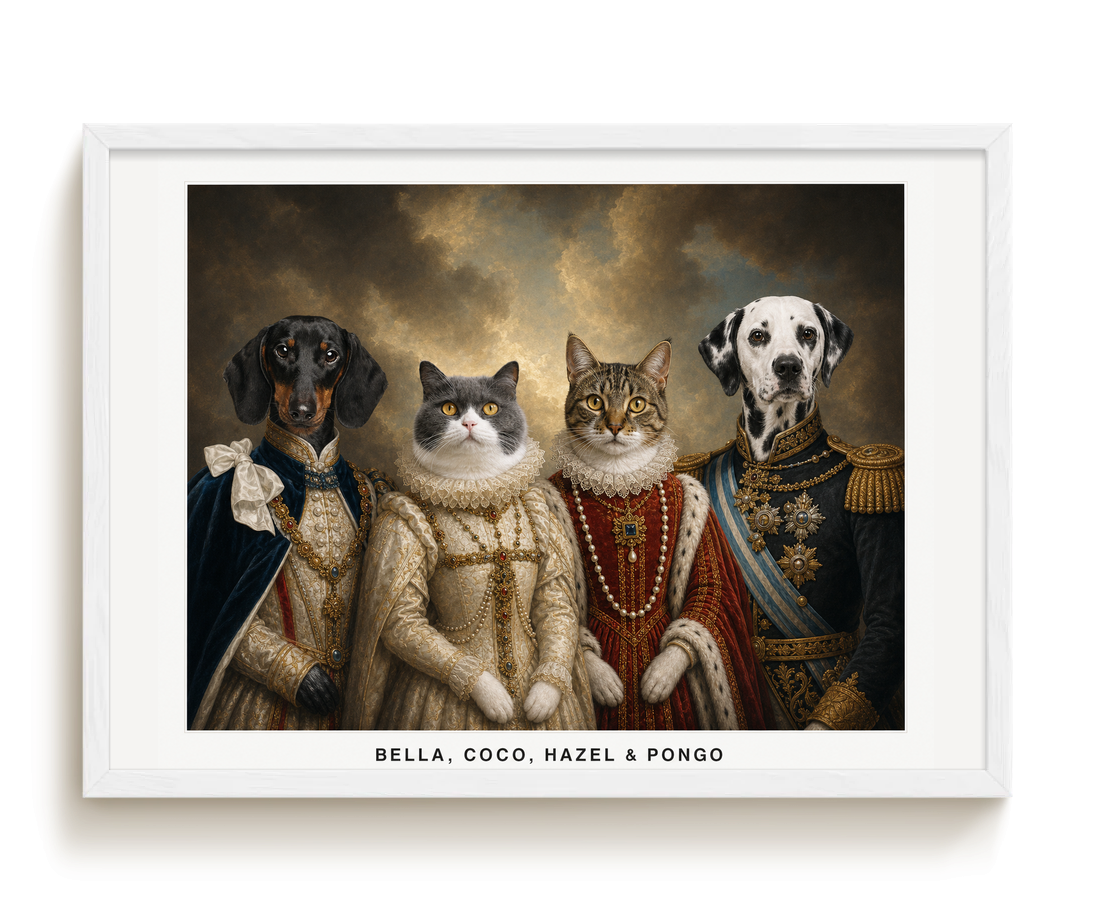 pdp-map:6193749edf7efa52:royal_portrait__the_royal_court_custom_pet_portrait__bella-coco-hazel-pongo__with-border_show-name__White_Horizontal.png