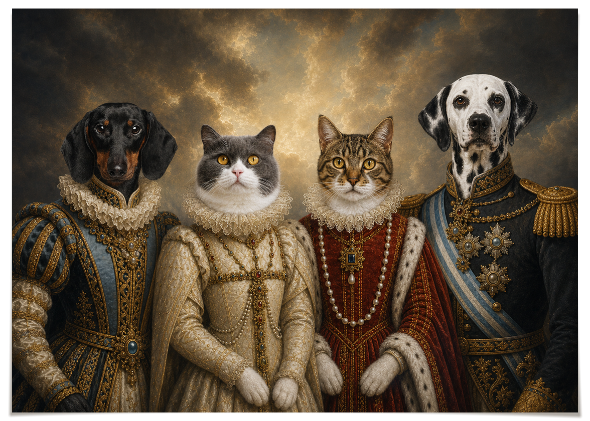pdp-map:47625bd6d79210f8:royal_portrait__the_royal_court_custom_pet_portrait__bella-coco-hazel-pongo__without-border_hide-name__No_Frame_Horizontal.png