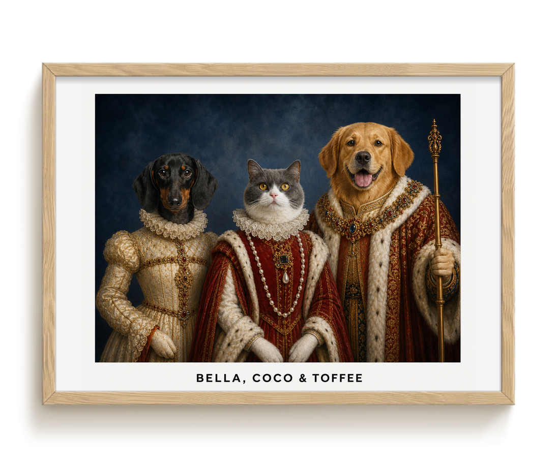 pdp-map:f5a83af66b3aba49:royal_portrait__the_royal_family_custom_pet_portrait__bella-coco-toffee__with-border_show-name__Birch_Horizontal.png