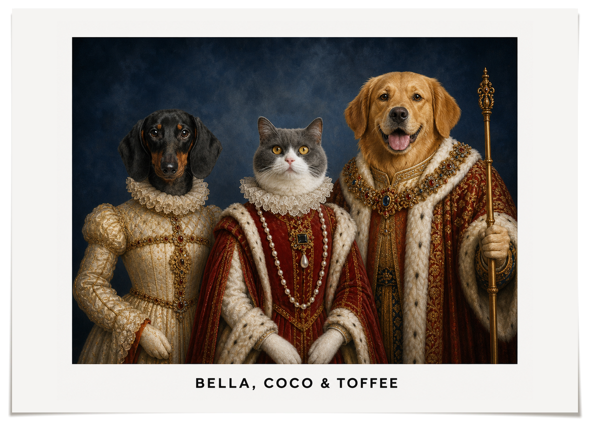 pdp-map:7655c4c45ee7b2ea:royal_portrait__the_royal_family_custom_pet_portrait__bella-coco-toffee__with-border_show-name__No_Frame_Horizontal.png