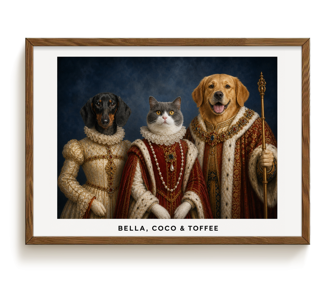 pdp-map:58861f5c7d272d04:royal_portrait__the_royal_family_custom_pet_portrait__bella-coco-toffee__with-border_show-name__Walnut_Horizontal.png