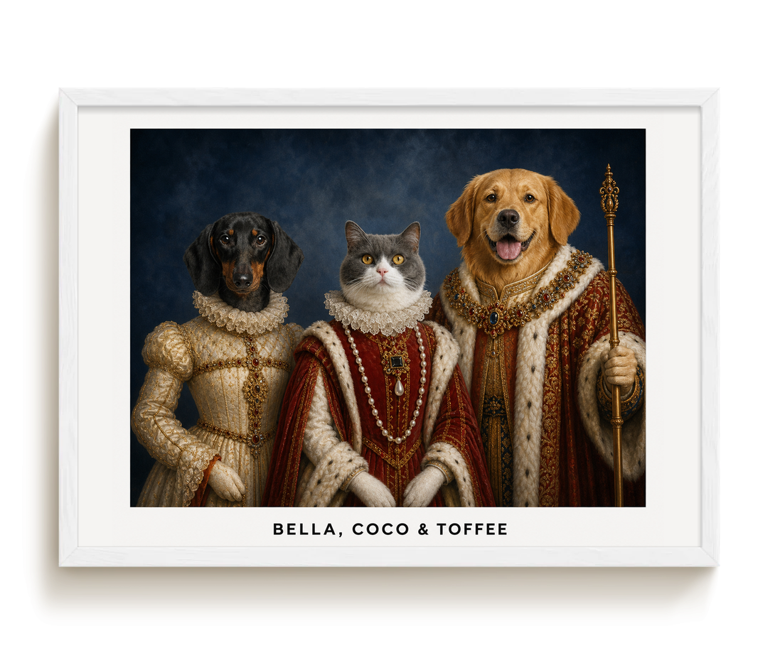 pdp-map:6d18fecdb4abb278:royal_portrait__the_royal_family_custom_pet_portrait__bella-coco-toffee__with-border_show-name__White_Horizontal.png