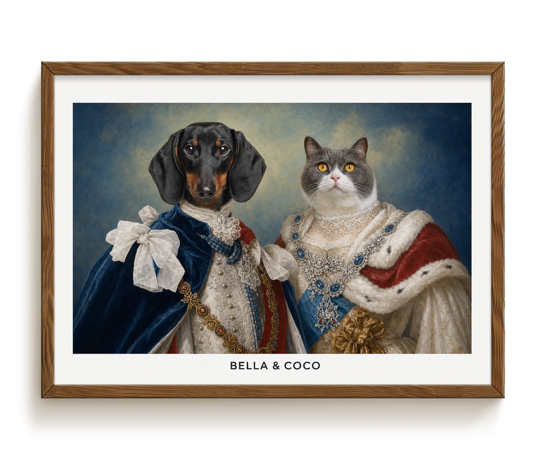 pdp-map:09e6816b8433e712:royal_portrait__their_majesties_custom_pet_portraits__bella-coco__with-border_show-name__Walnut_Horizontal.png